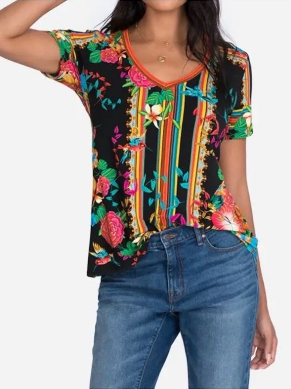 Johnny Was Andra Favorite Short Sleeve V-Neck Swing Tee